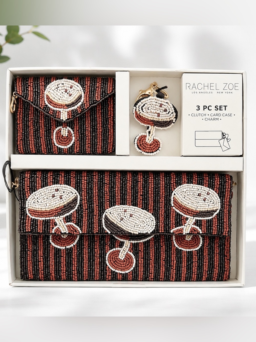 Rachel Zoe NWT 3 Pc Set Brown Tan Beaded Clutch Card Case Charm Espresso Martini